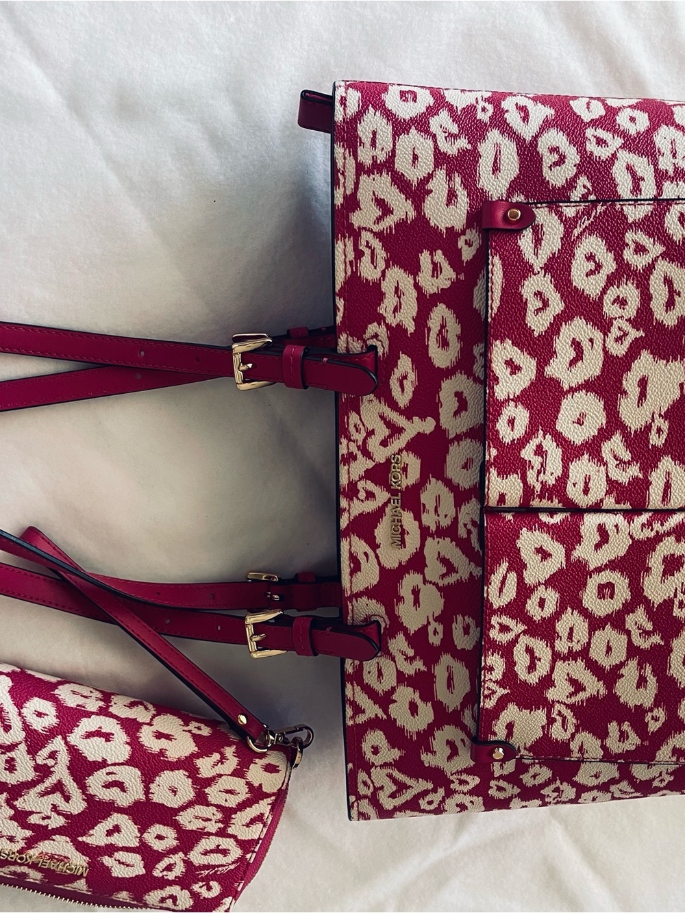 Michael Kors Fuchsia and Cream Leopard-Print Tote with Matching clutch/wallet